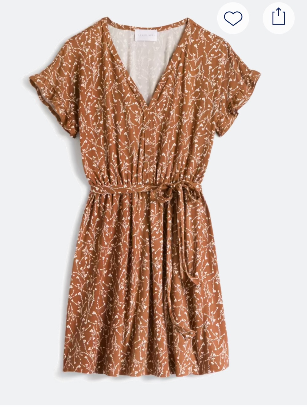 French Grey Rust Botanical V-Neck Tie-Waist Mini Dress